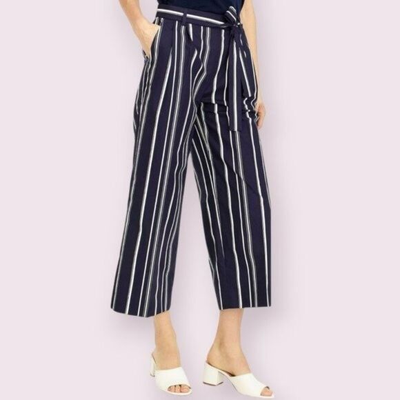 J CREW Navy Striped Crop Pants L Wide Leg Cotton Poplin Capri Workwear Pull on - Picture 1 of 7